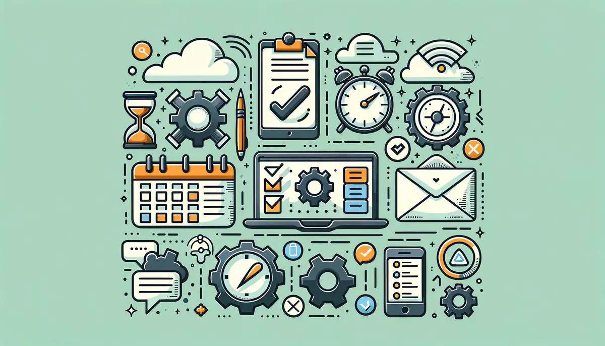 an illustration of various technological tools like calendar apps, task management tools, time tracking apps, automation tools, email management software, and cloud storage and collaboration platforms